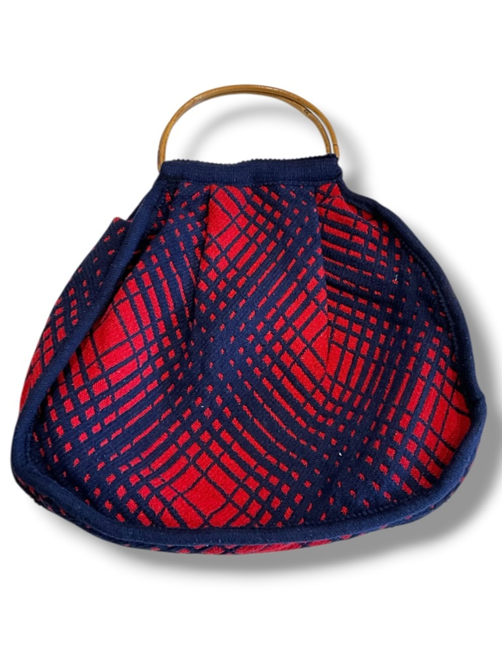 1960s 1970s Knit Tote Bag Wooden Handles Red And Navy Blue Plaid